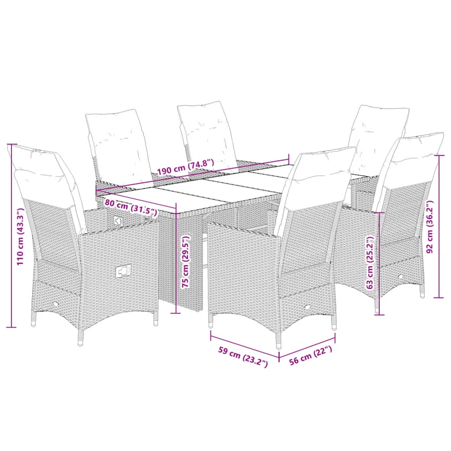 Ensemble à manger de jardin coussins 7 pcs noir résine tressée - 7