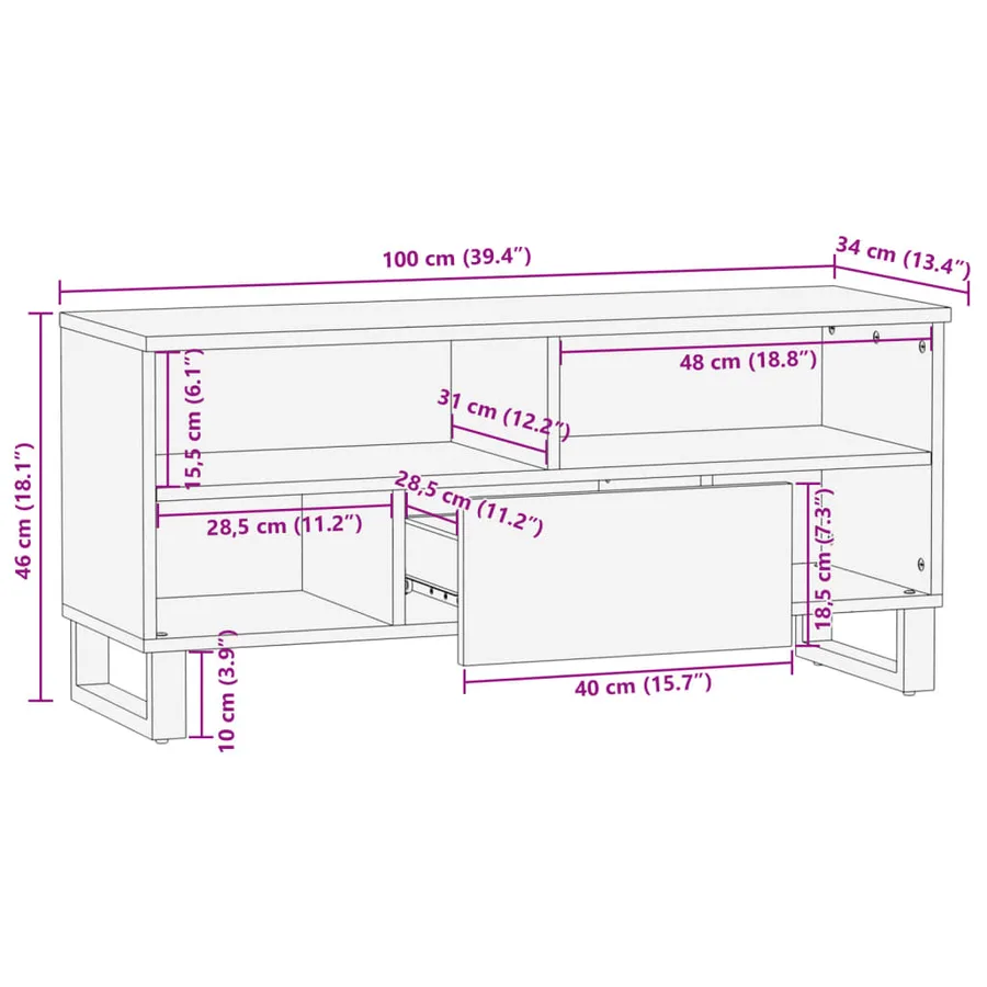 Meuble TV 100x34x46 cm bois massif de manguier brut - 11