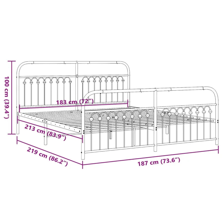 Cadre de lit métal sans matelas avec pied de lit noir 183x213cm - 8