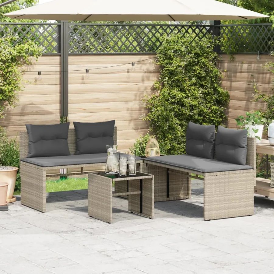 Salon de jardin 4 pcs avec coussins gris clair résine tressée - 3