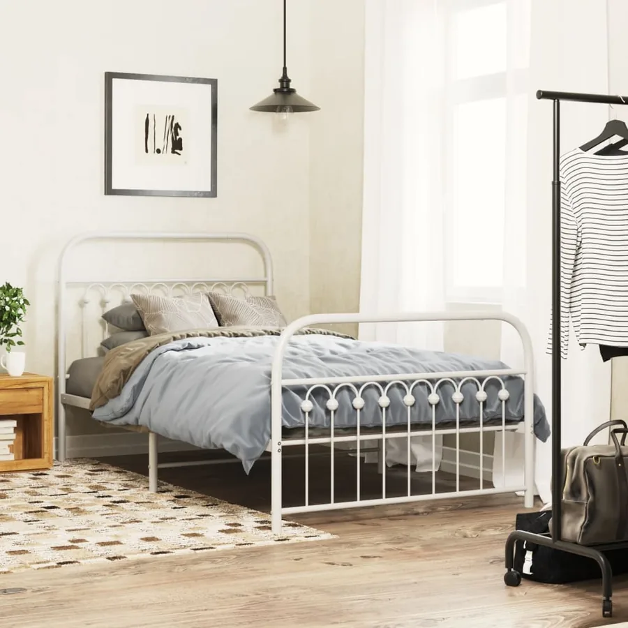 Cadre de lit métal sans matelas et pied de lit blanc 100x190 cm