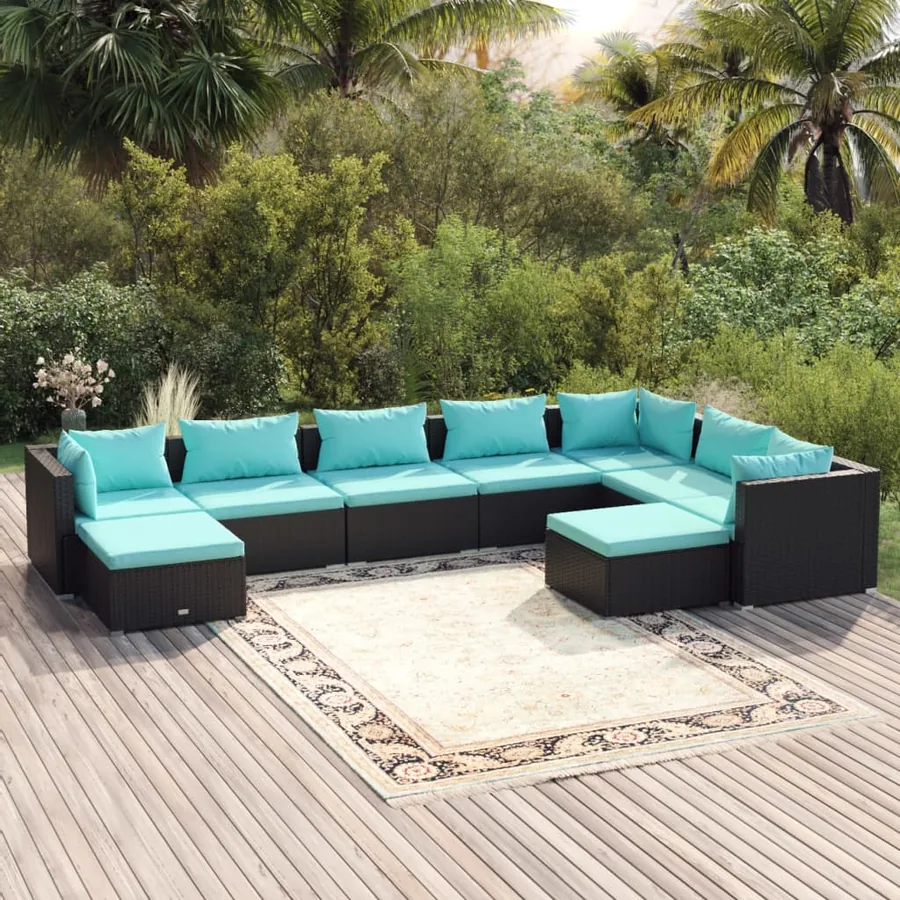 Salon de jardin 9 pcs avec coussins Résine tressée Noir