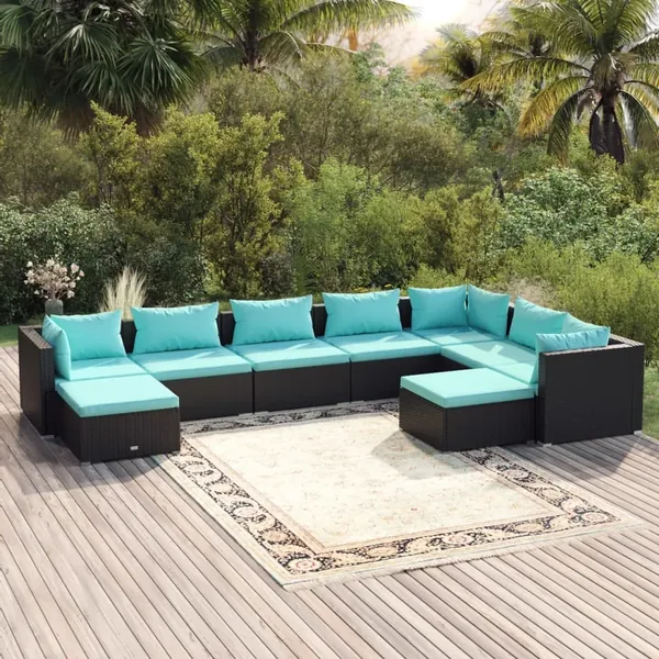 Salon de jardin 9 pcs avec coussins Résine tressée Noir