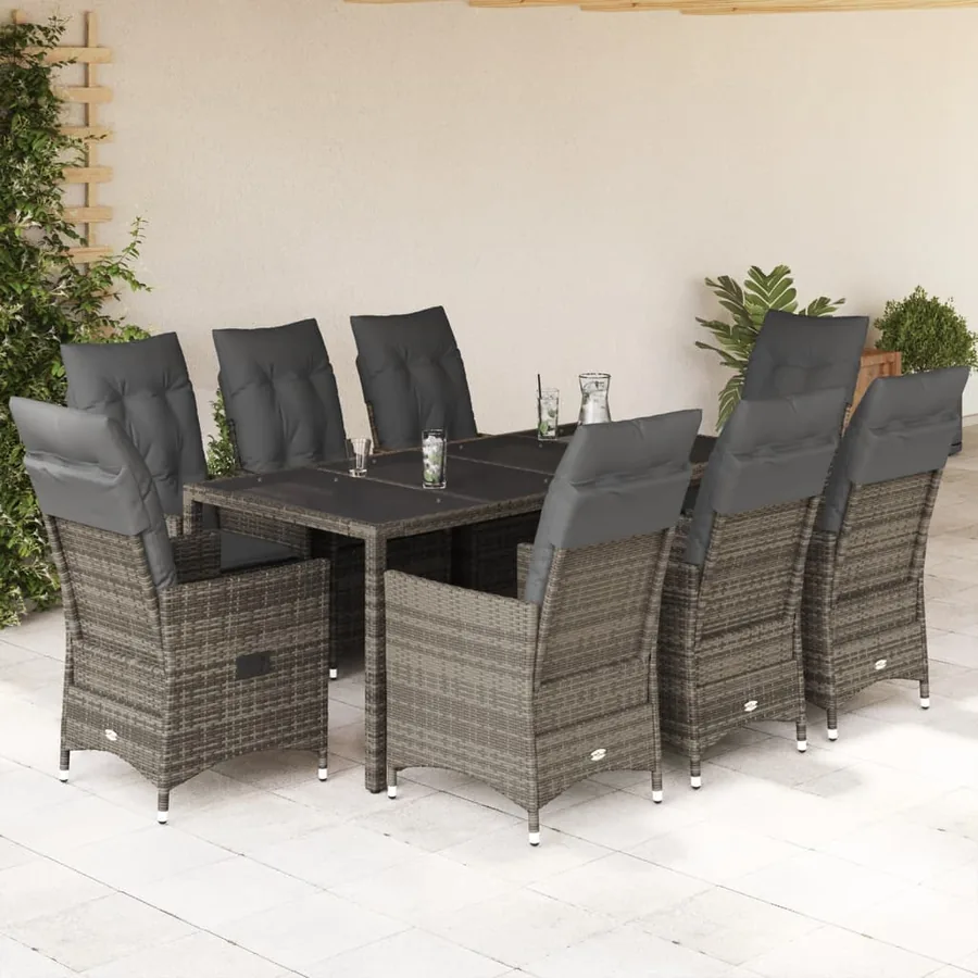 Ensemble à manger de jardin 9 pcs coussins gris résine tressée