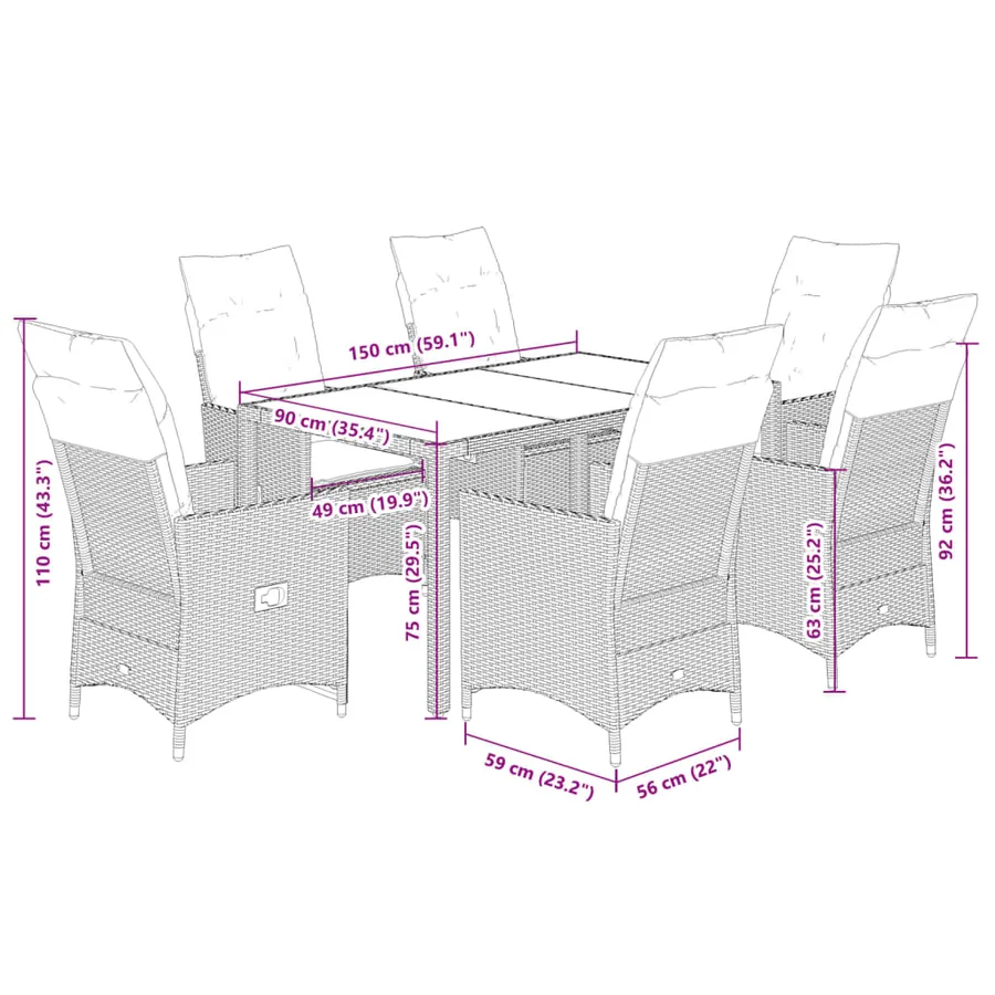 Ensemble à manger de jardin et coussins 7 pcs gris rotin - 9