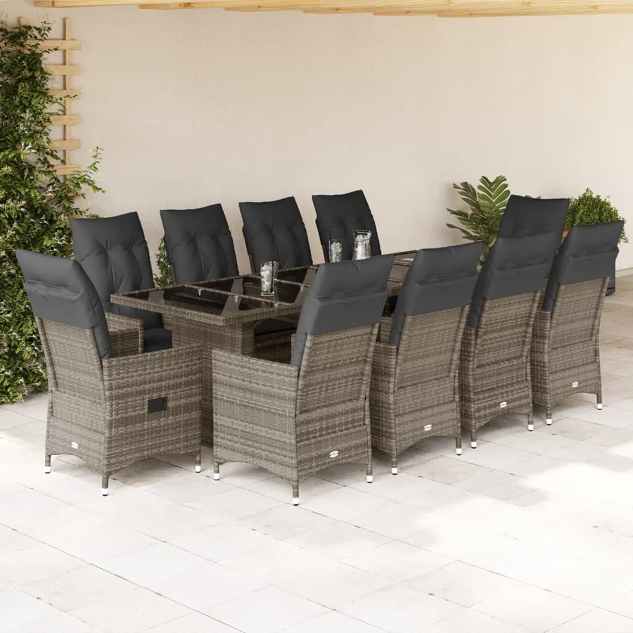 Ensemble de bistro de jardin 11 pcs coussins gris poly rotin