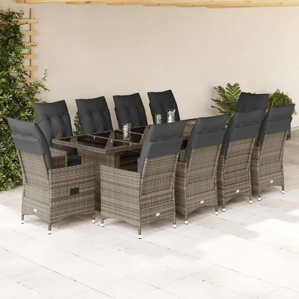 Ensemble de bistro de jardin 11 pcs coussins gris poly rotin