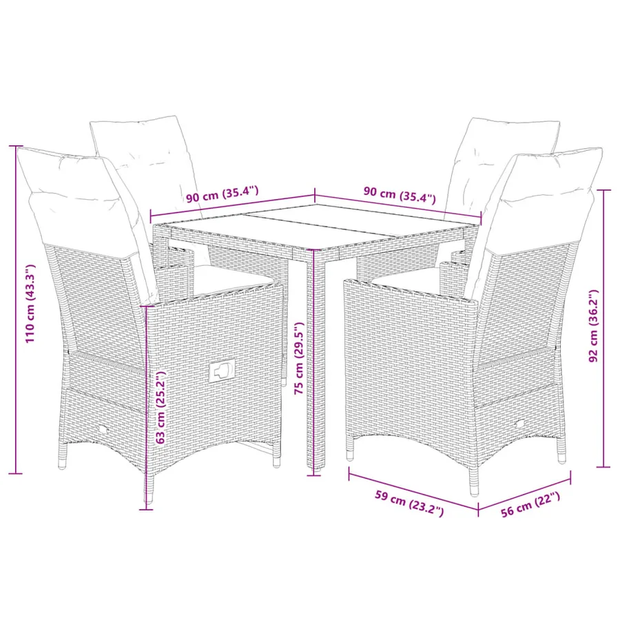 Ensemble à manger de jardin 5 pcs coussins gris résine tressée - 9