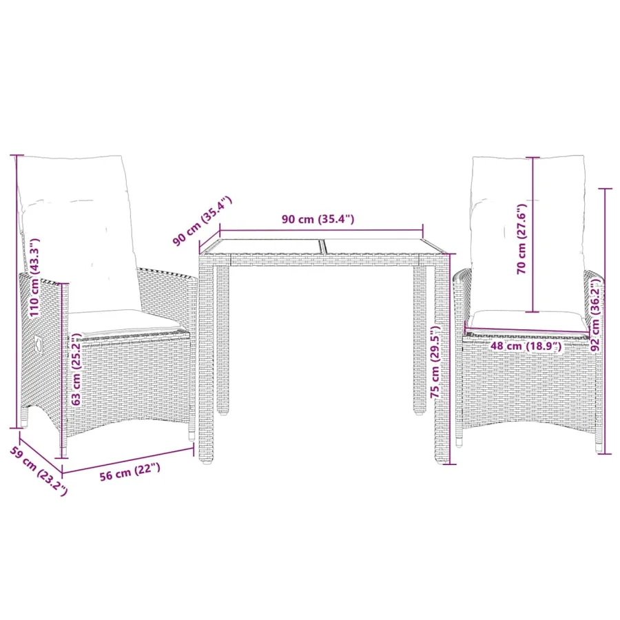 Ensemble de bistro 3 pcs avec coussins gris résine tressée - 7