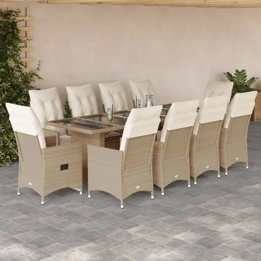 Ensemble de bistro de jardin 11 pcs coussins beige poly rotin