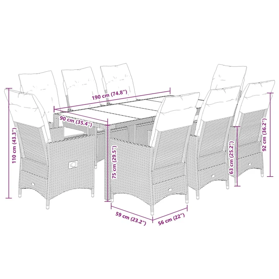 Ensemble à manger de jardin et coussins 9 pcs beige Poly rotin - 7
