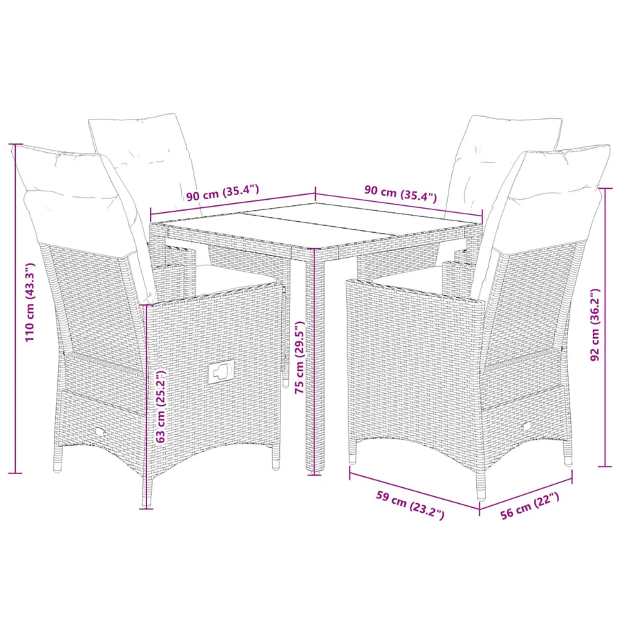 Ensemble à manger de jardin 5 pcs et coussins marron poly rotin - 7