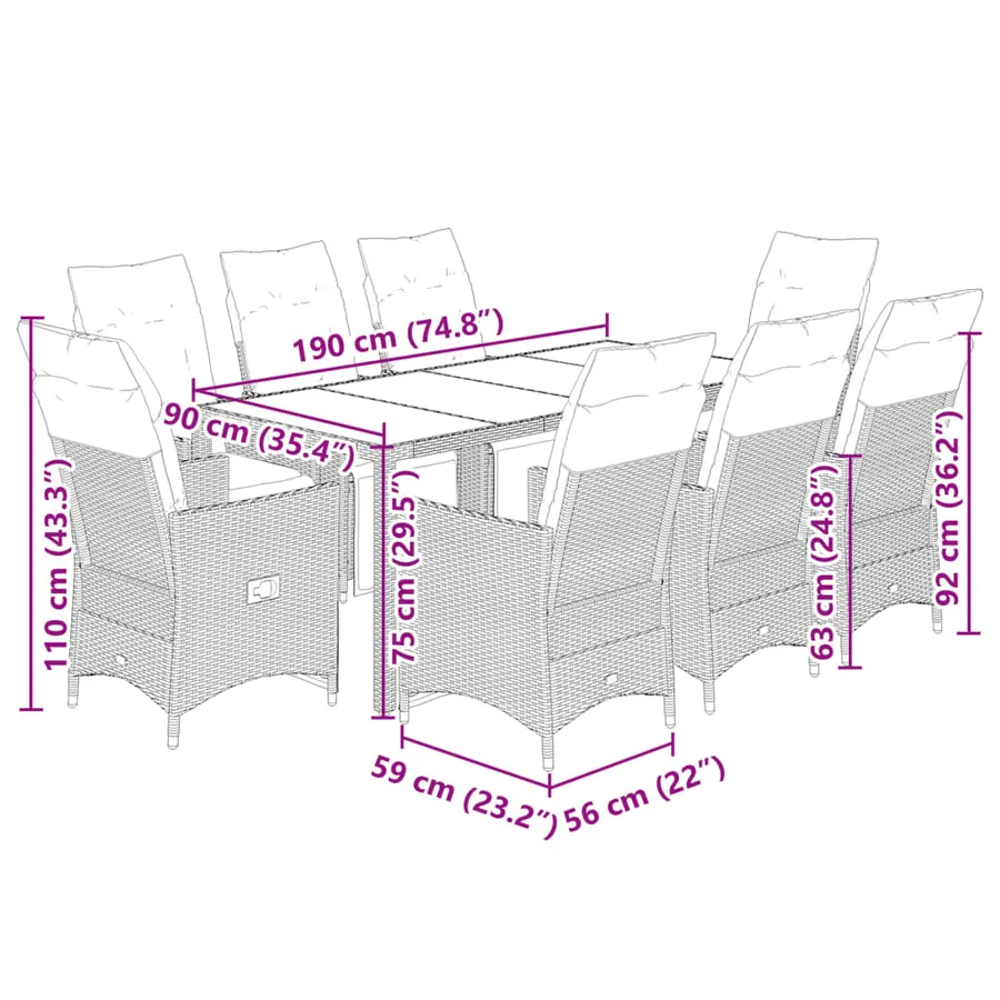Ensemble de bistro de jardin 9 pcs coussins marron poly rotin - 7