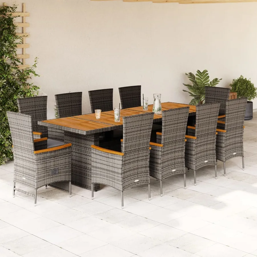 Ensemble à manger de jardin 11pcs avec coussins gris poly rotin
