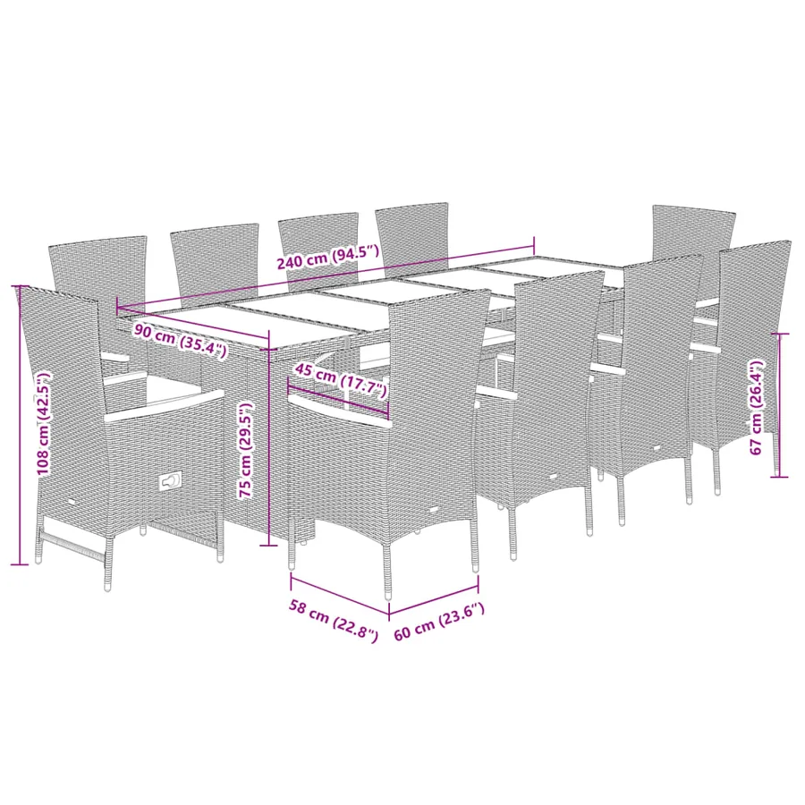 Ensemble à manger de jardin 11pcs avec coussins gris poly rotin - 8