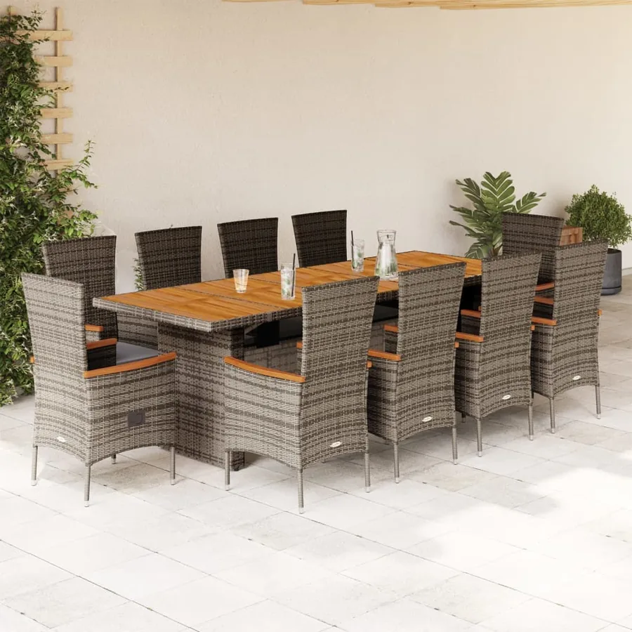 Ensemble à manger de jardin 11pcs avec coussins gris poly rotin