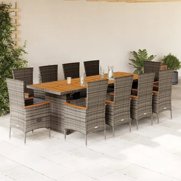 Ensemble à manger de jardin 11pcs avec coussins gris poly rotin