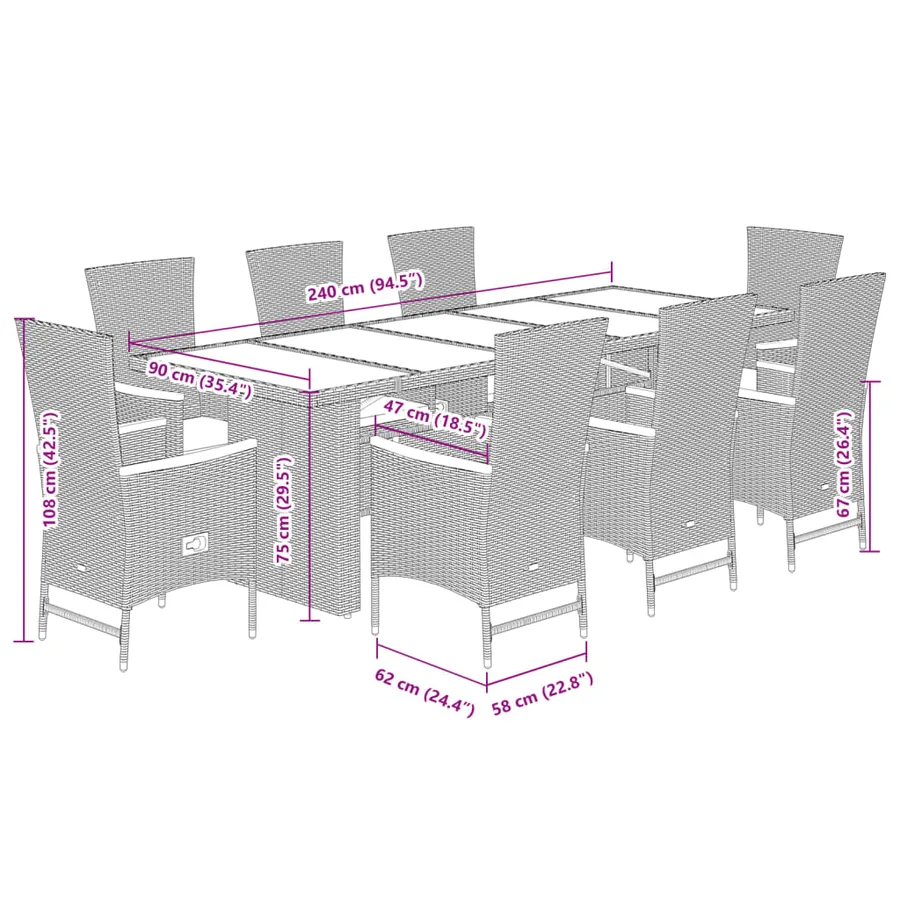 Ensemble à manger de jardin 9pcs coussins noir résine tressée - 7