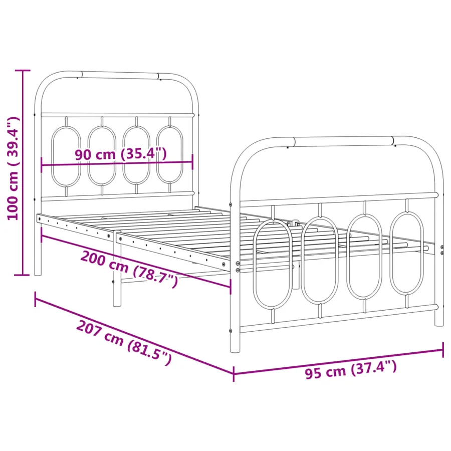 Cadre de lit métal sans matelas avec pied de lit noir 90x200 cm - 8