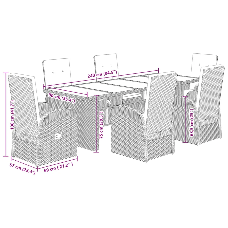 Ensemble à manger de jardin et coussins 7 pcs gris rotin - 7