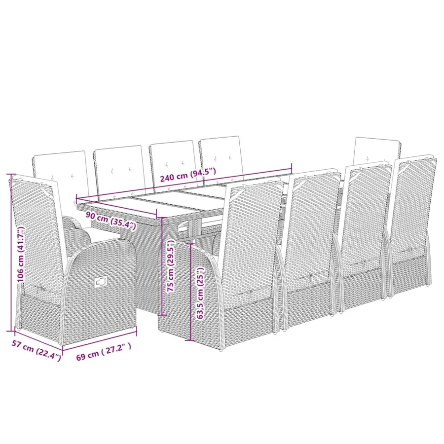 Ensemble à manger de jardin 11pcs avec coussins gris poly rotin - 8