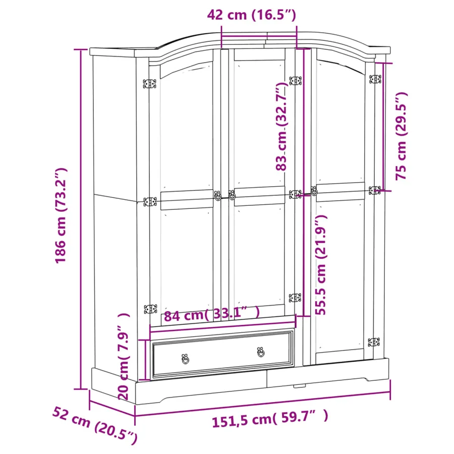 Garde-robe Corona blanc 151,5x52x186 cm bois de pin massif - 9