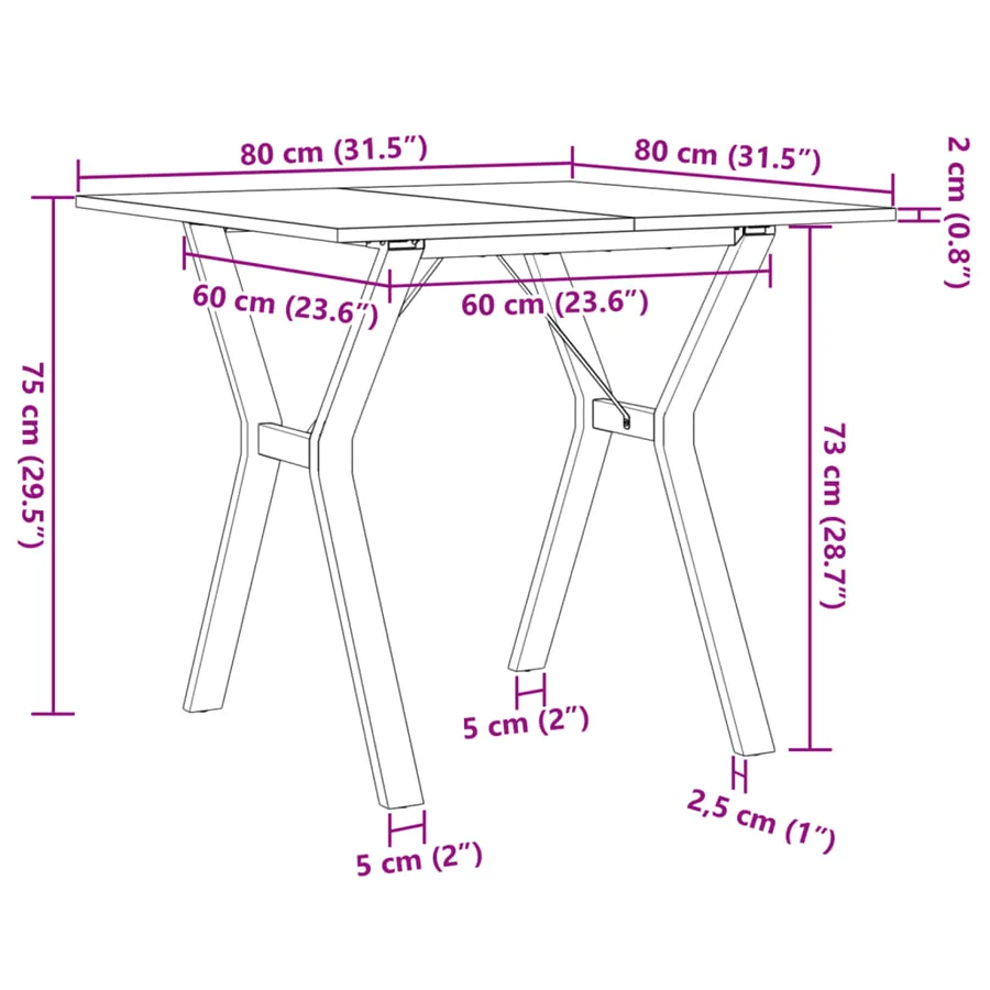 Table à manger cadre en Y 80x80x75 cm bois de pin massif acier - 10