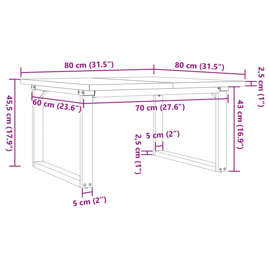 Table basse cadre en O 80x80x45,5cm bois de pin massif et acier - 10