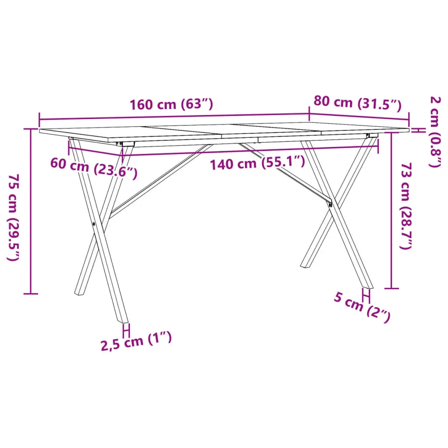 Table à manger cadre en X 160x80x75 cm bois de pin massif acier - 10