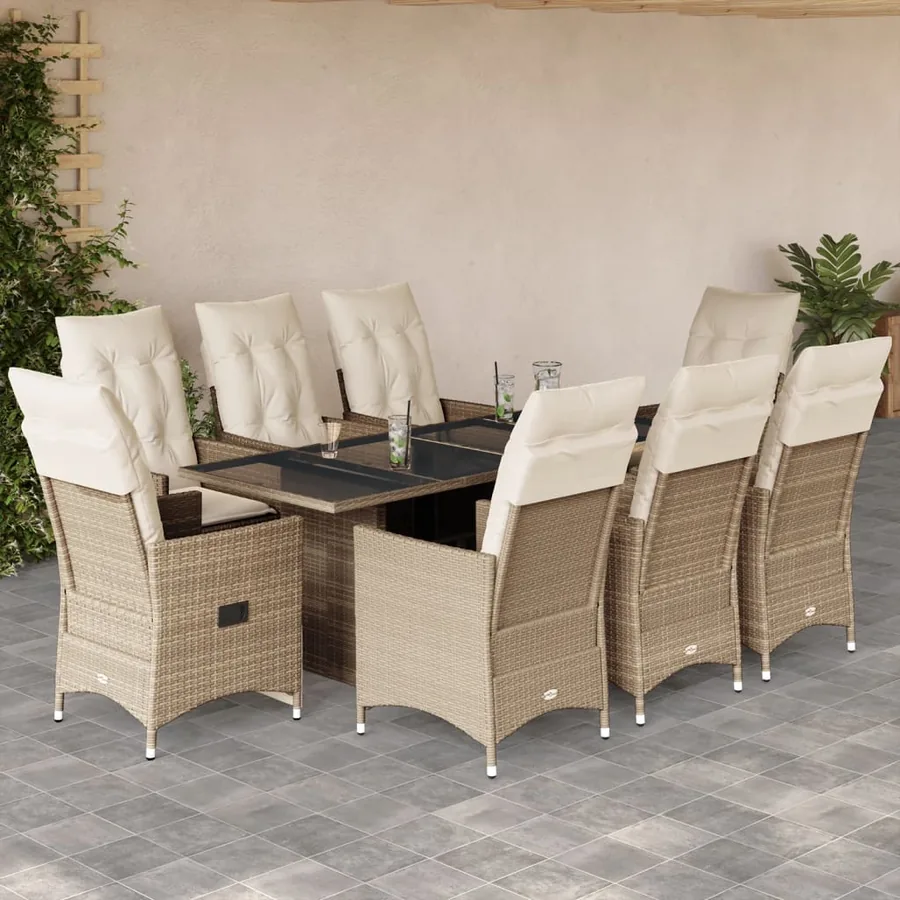 Ensemble à manger de jardin et coussins 9 pcs beige Poly rotin