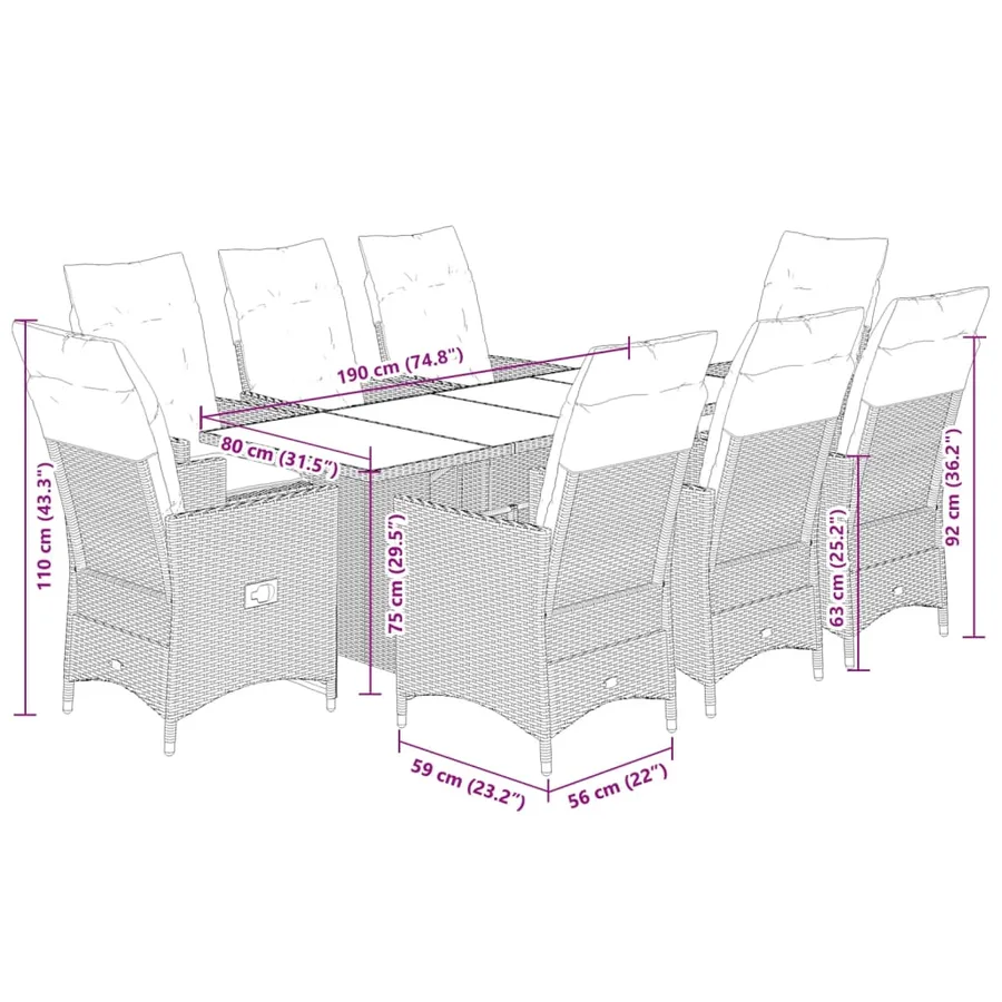 Ensemble à manger de jardin et coussins 9 pcs beige Poly rotin - 9