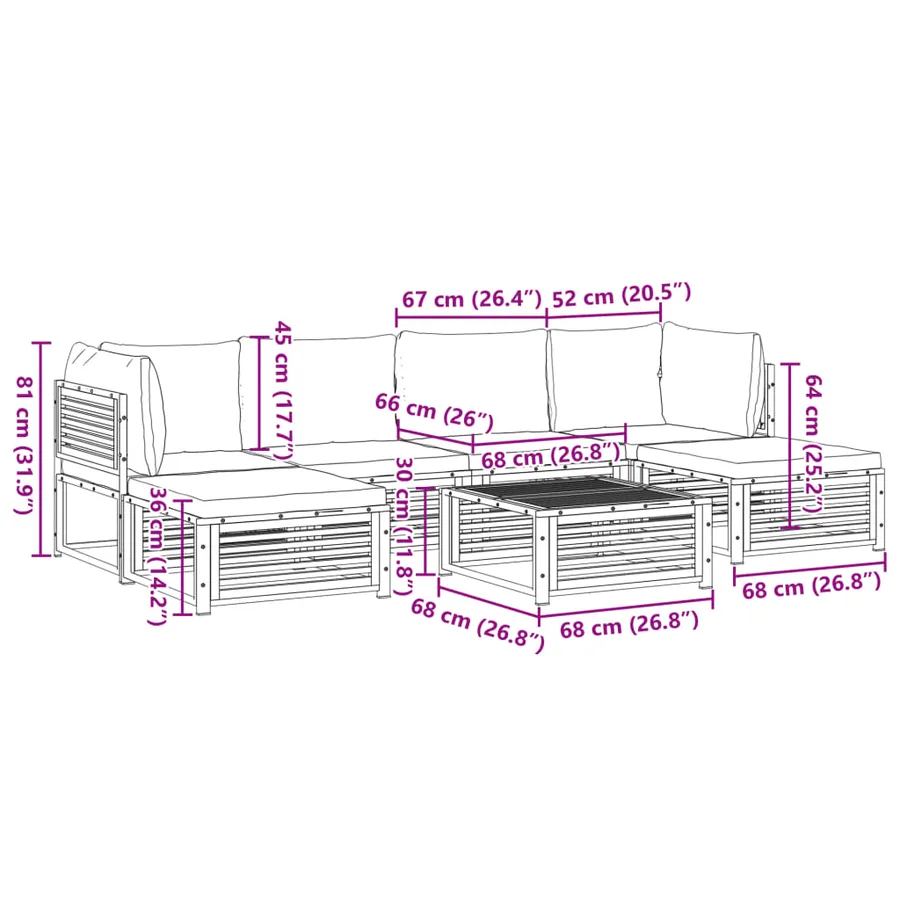 Salon de jardin avec coussins 7 pcs bois massif d'acacia - 14