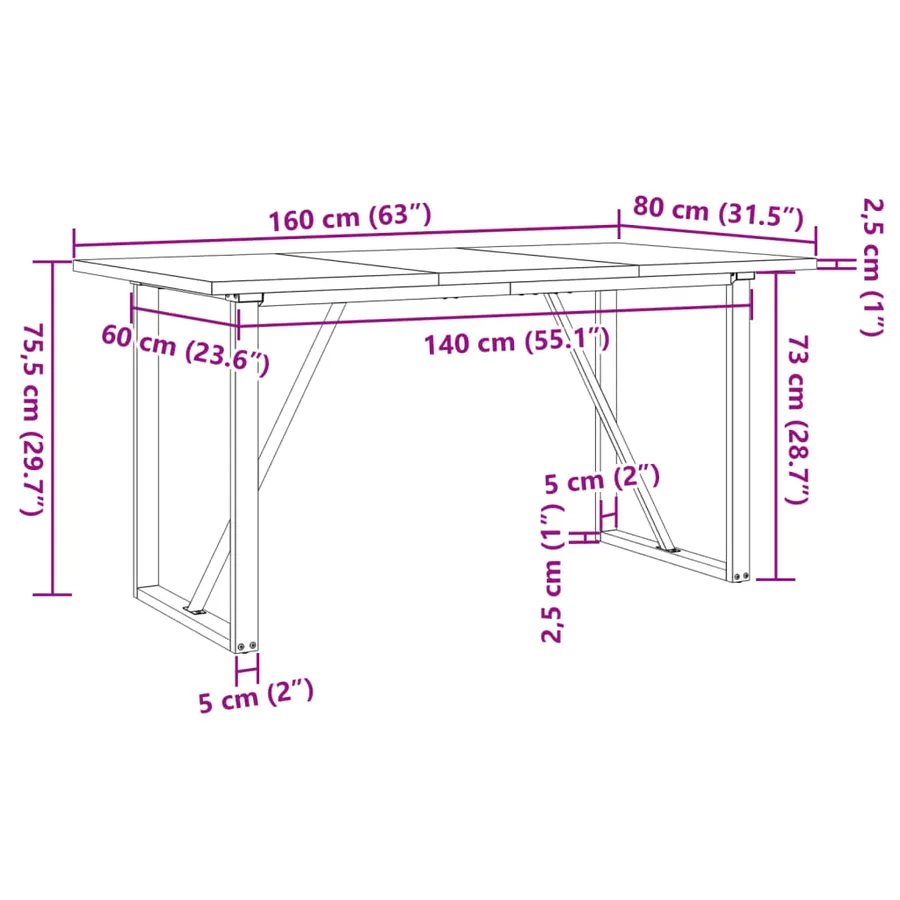 Table à manger cadre en O 160x80x75,5 cm bois pin massif acier - 10