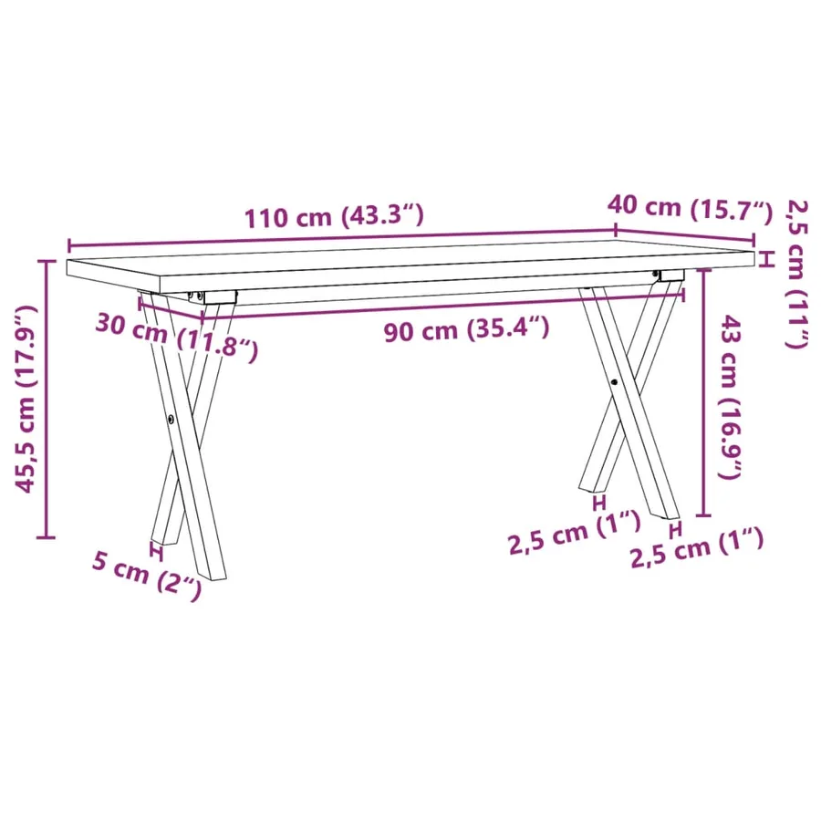Table basse cadre en X 110x40x45,5 cm bois de pin massif acier - 10