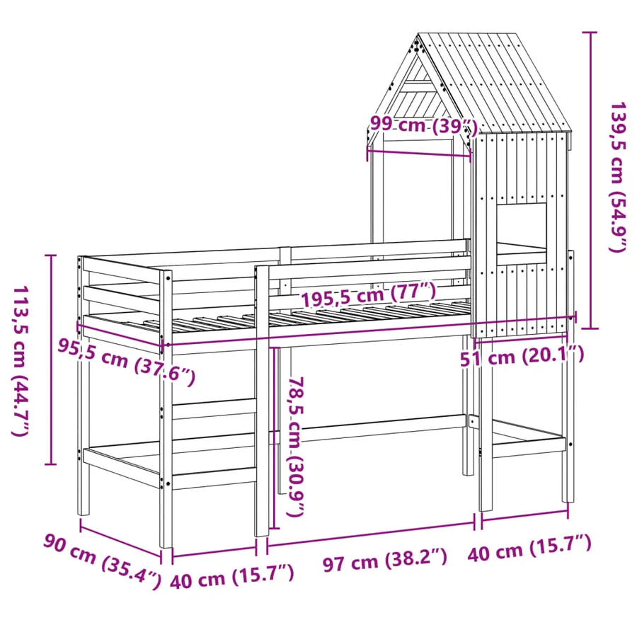 Lit superposé avec échelle et toit sans matelas 90x190 cm - 12