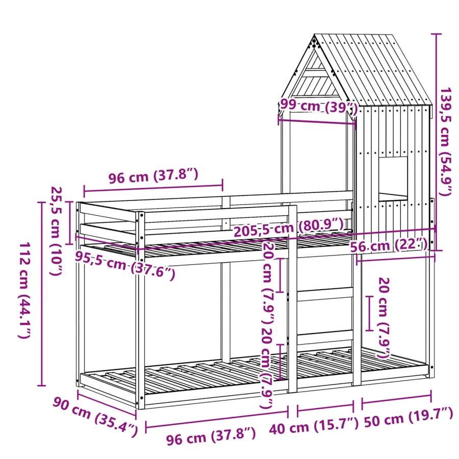 Lit superposé sans matelas 90x200 cm bois de pin massif - 12