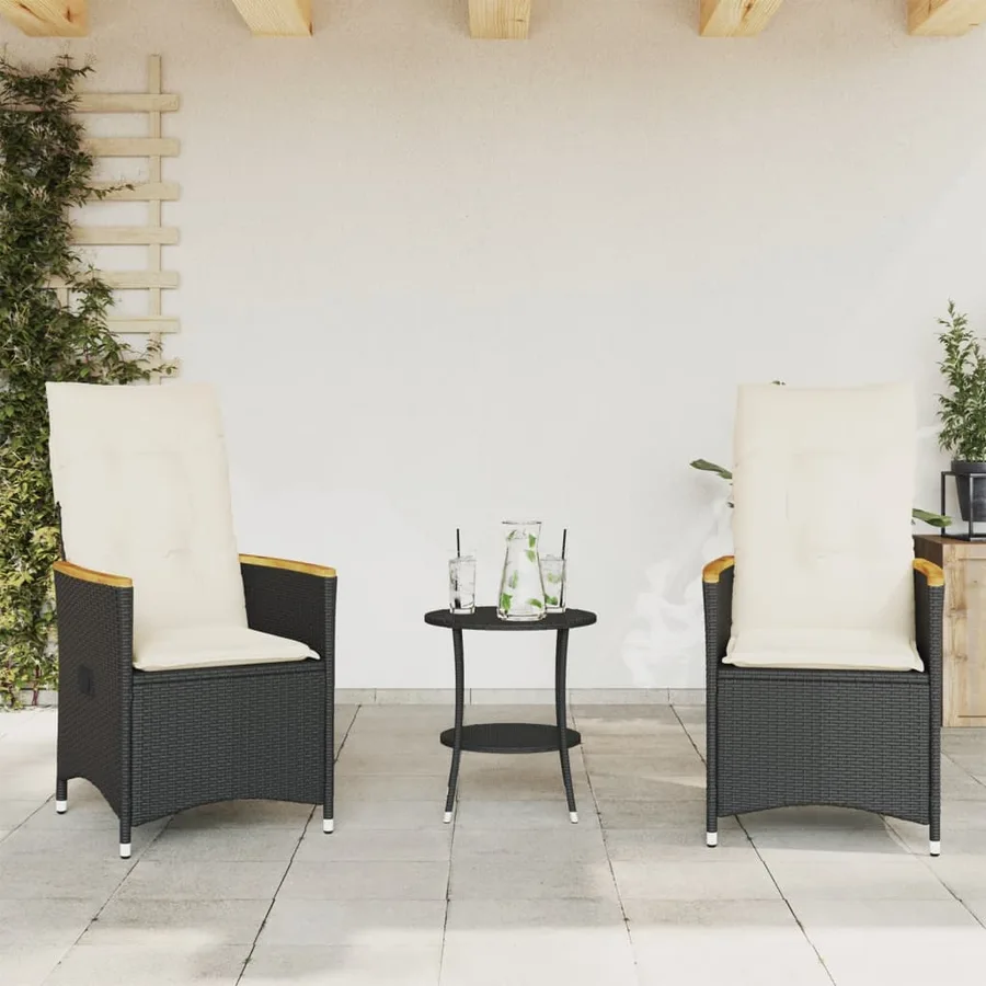 Ensemble de bistro 3 pcs avec coussins noir résine tressée - 3