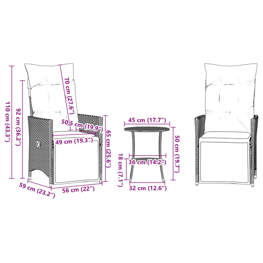 Ensemble de bistro 3 pcs avec coussins beige résine tressée - 10