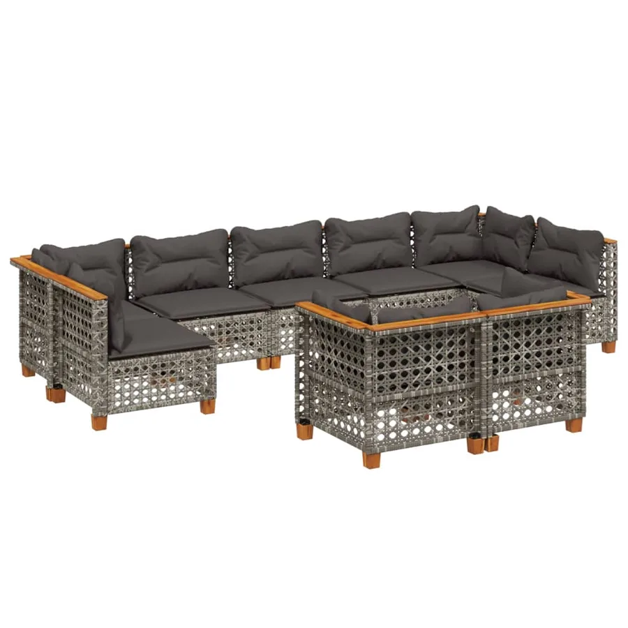 Salon de jardin 9 pcs avec coussins gris résine tressée - 2
