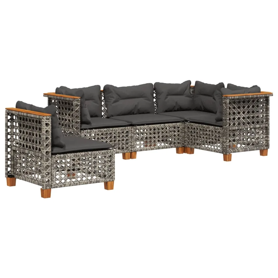 Salon de jardin 5 pcs avec coussins gris résine tressée - 2
