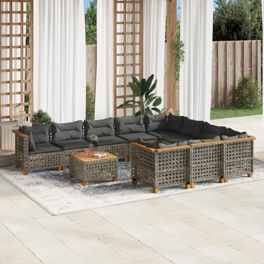Salon de jardin 11 pcs avec coussins gris résine tressée