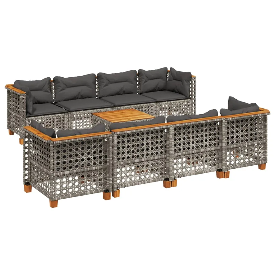 Salon de jardin 9 pcs avec coussins gris résine tressée - 2