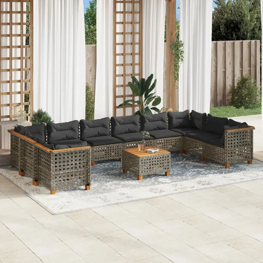 Salon de jardin 11 pcs avec coussins gris résine tressée
