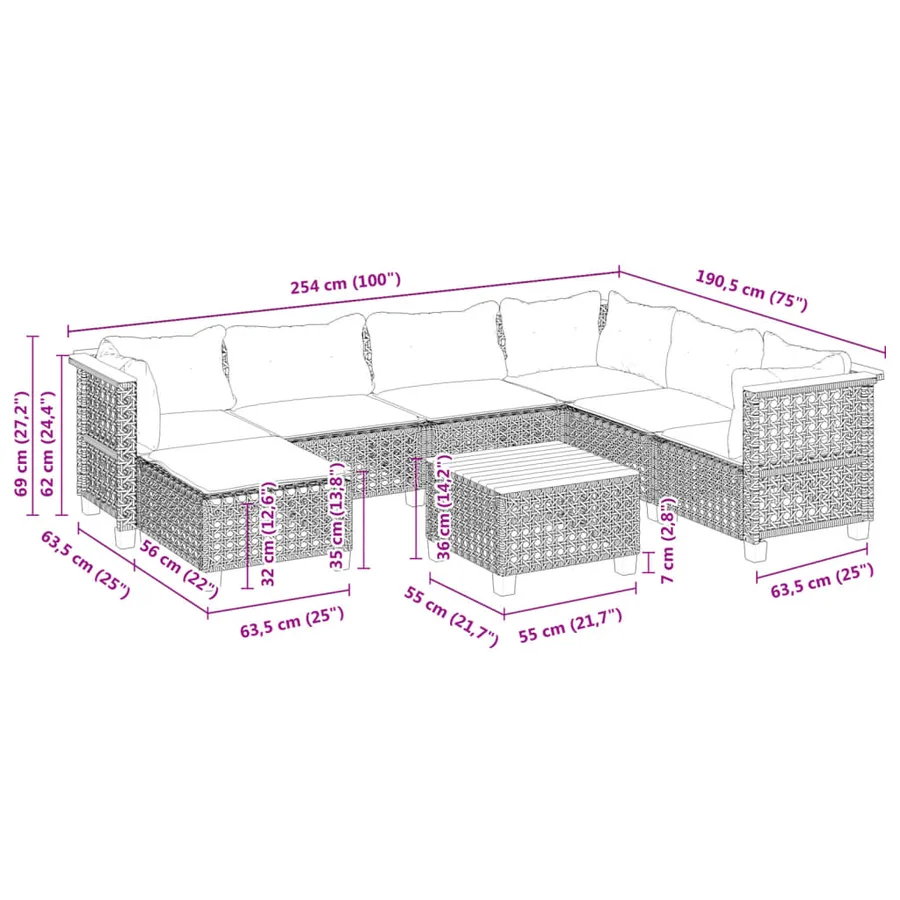 Salon de jardin 8 pcs avec coussins gris résine tressée - 9