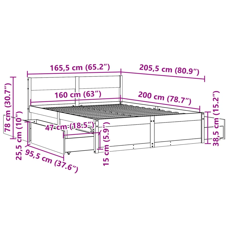 Cadre de lit sans matelas blanc 160x200 cm bois de pin massif - 10