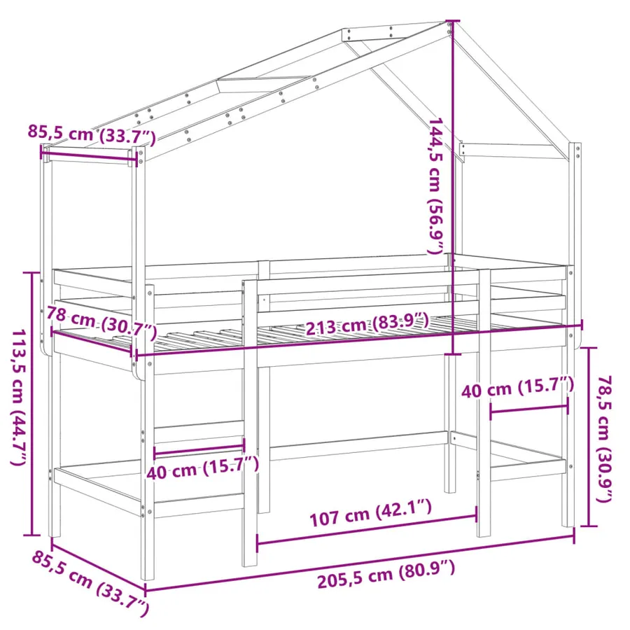 Lit superposé avec échelle et toit sans matelas 80x200 cm - 12