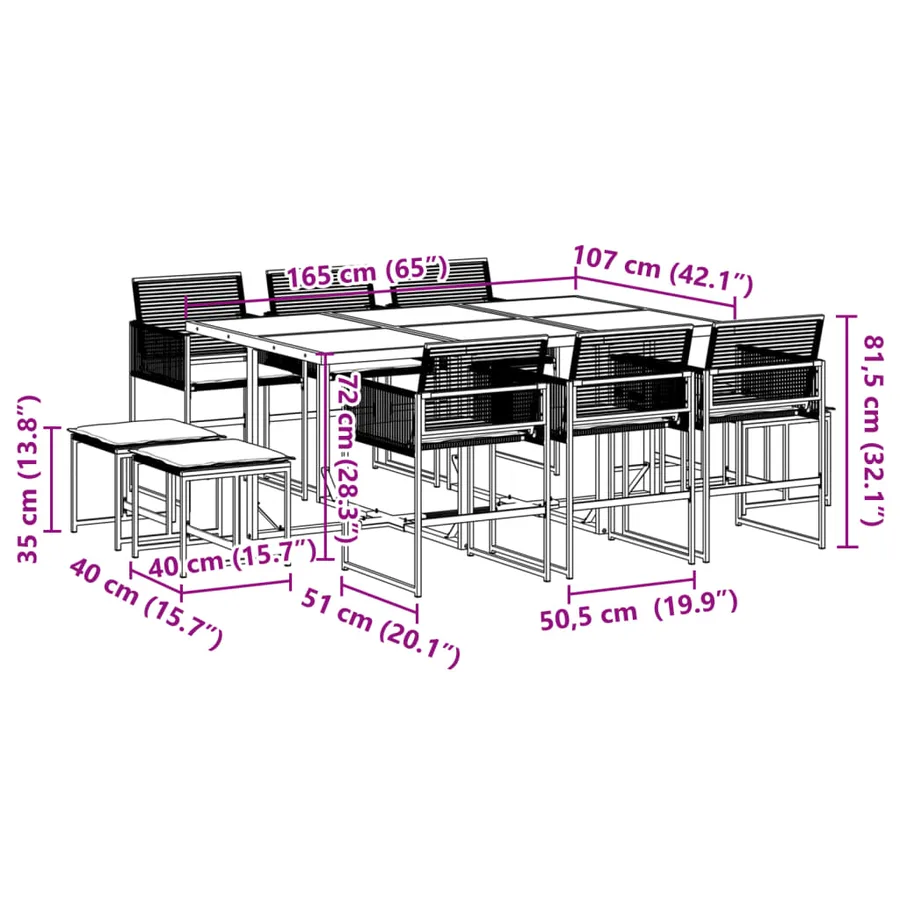 Ensemble à manger de jardin 11 pcs coussins noir résine tressée - 11
