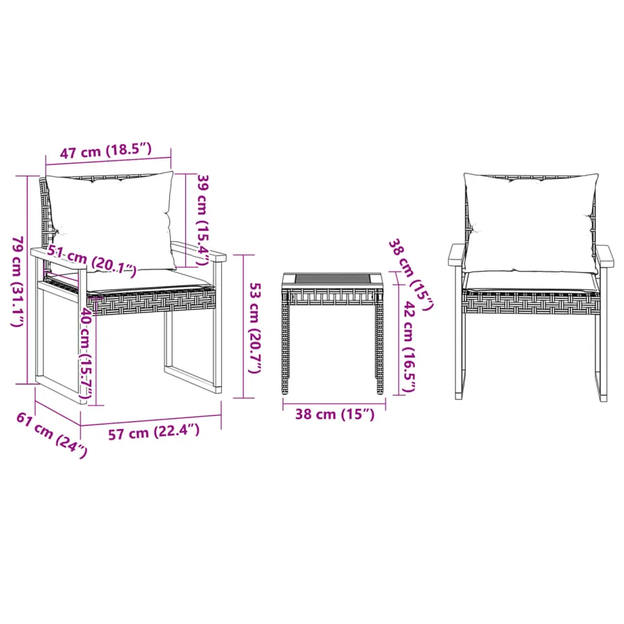 Ensemble de bistro et coussins 3 pcs mélange beige rotin acacia - 11