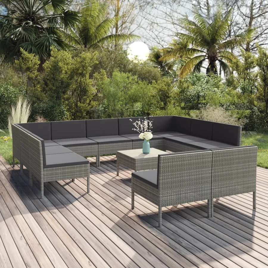 Salon de jardin 12 pcs avec coussins Résine tressée Gris