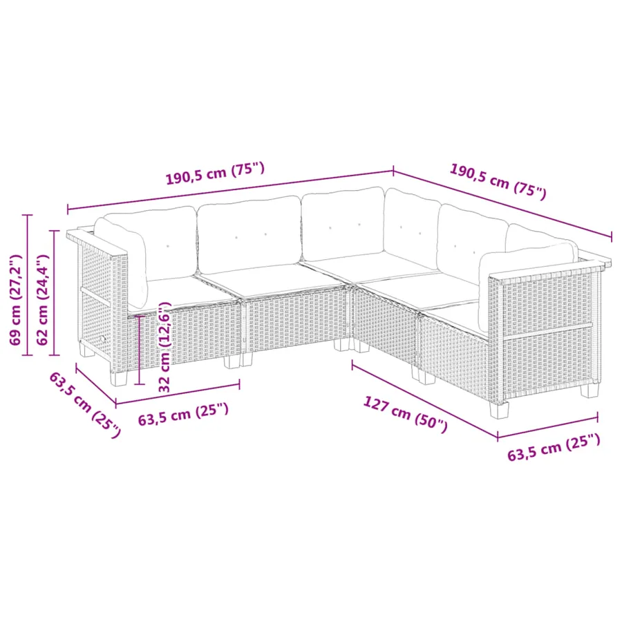 Salon de jardin 5 pcs avec coussins noir résine tressée - 6